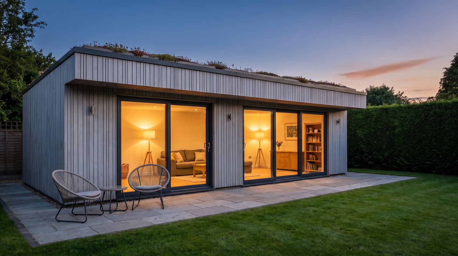 Large garden annexe with two sets of glazed doors and a terrace at dusk