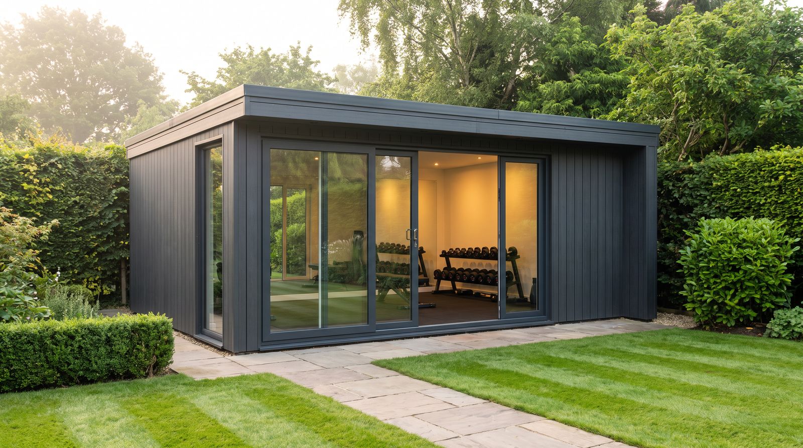 Dark clad garden gym with sliding glass doors and weights inside