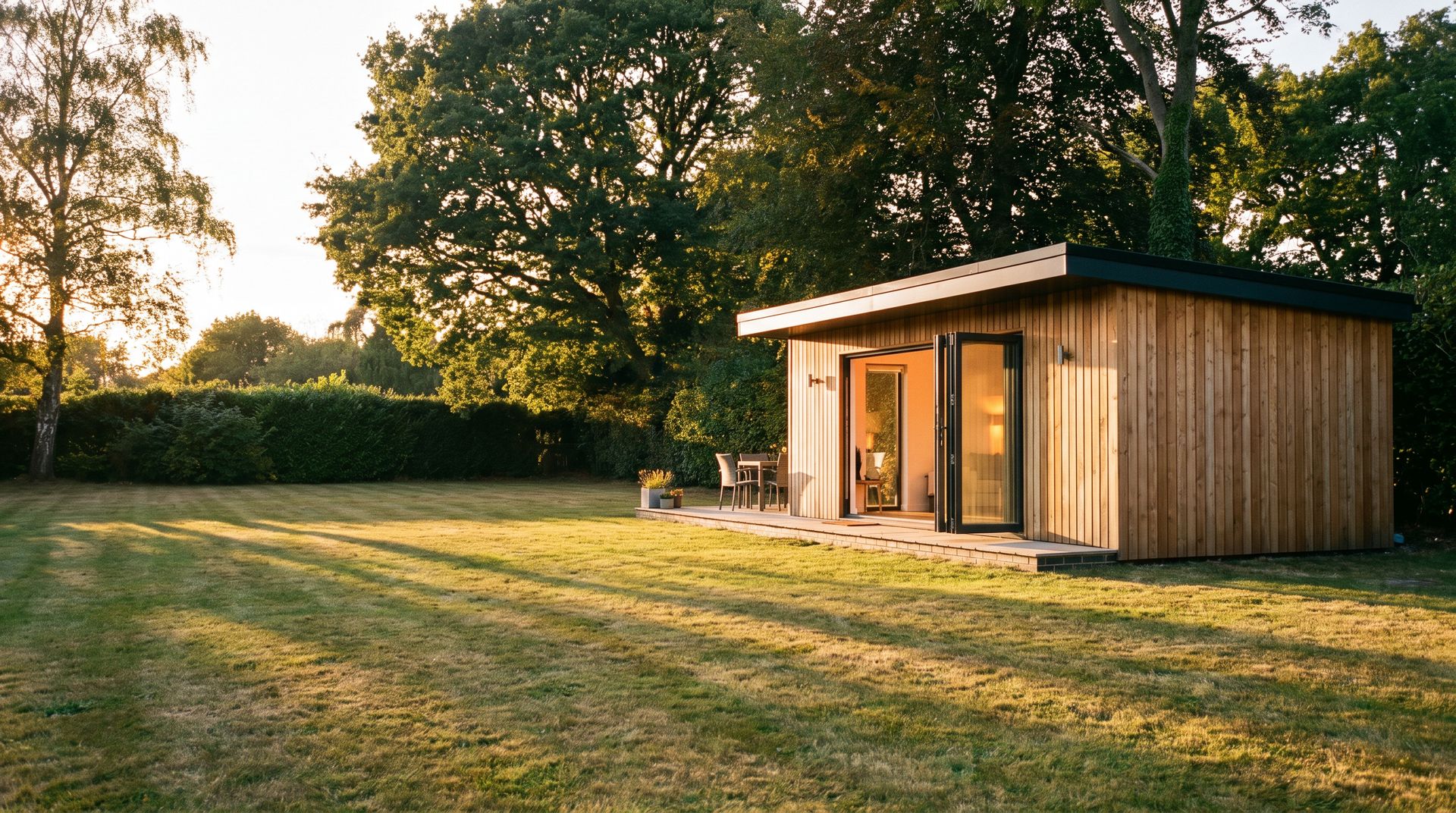 Timber clad garden room with open bifold doors across a lawn at golden hour