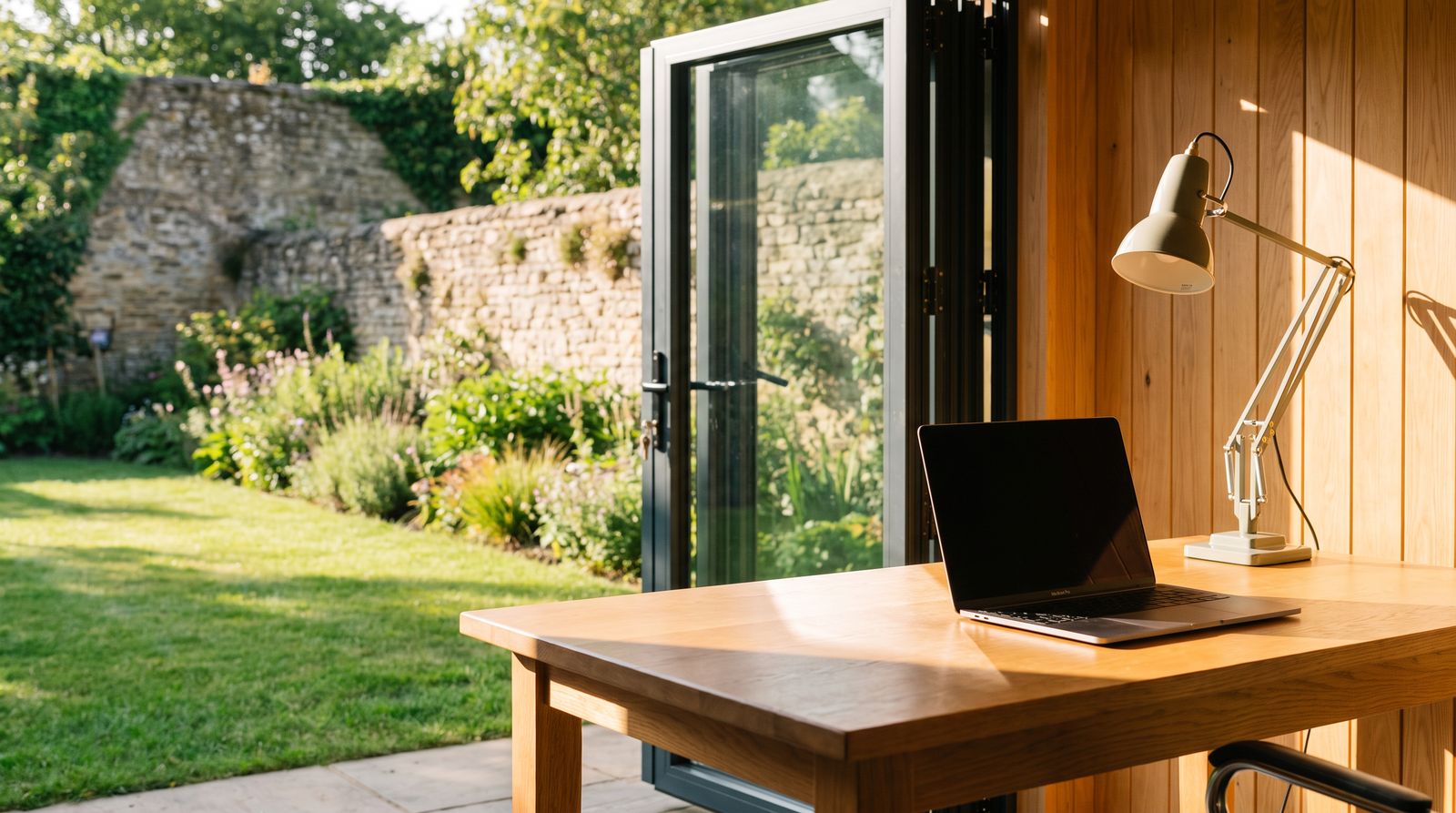 Inside a garden office looking out through open bifold doors to the garden