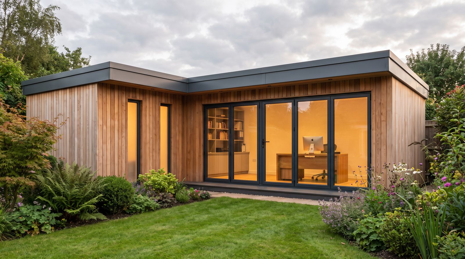 Timber clad garden office with aluminium bifold doors, lit from inside at dusk