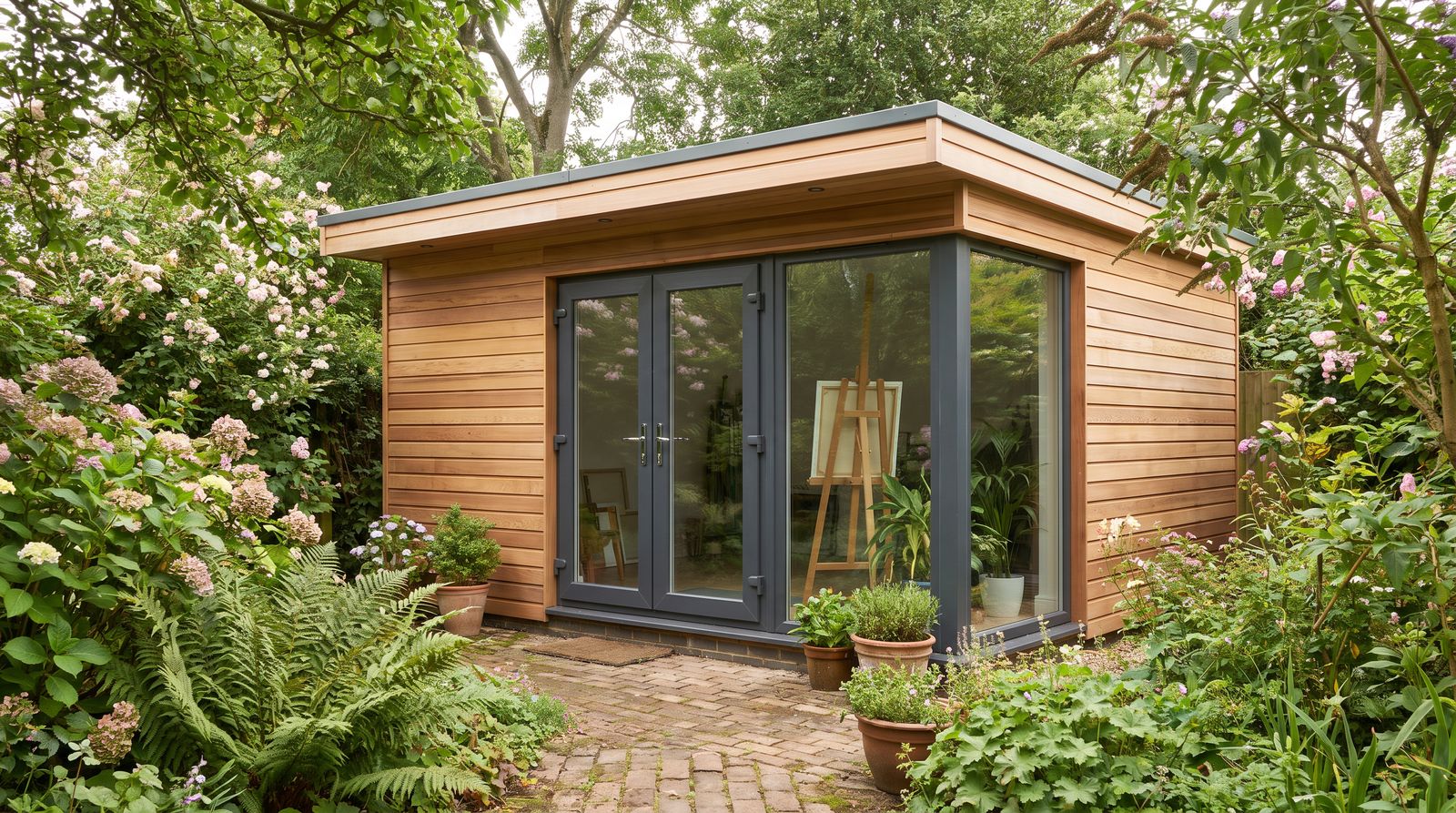 Cedar clad garden studio with corner window in a leafy garden