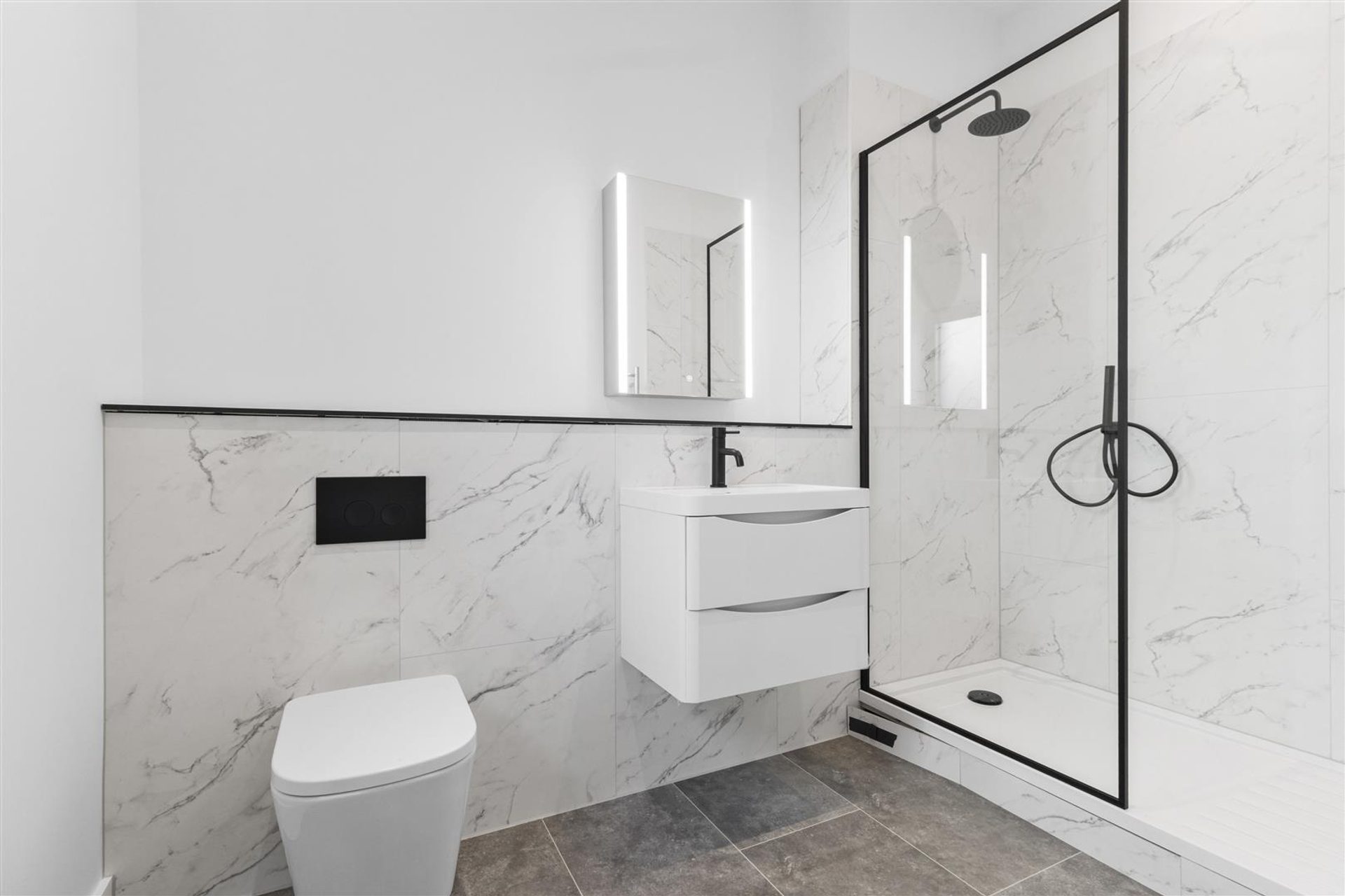 Bridlewood Barn, Horam: shower room with black framed screen, by Bramall Homes
