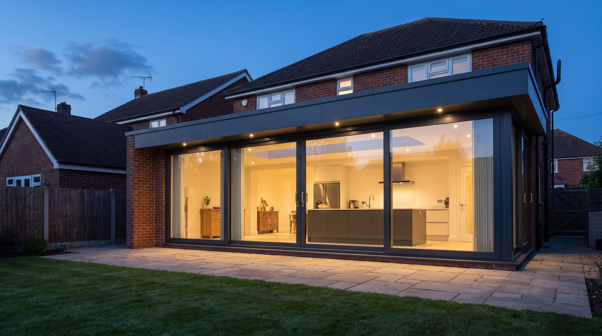 Modern glazed rear extension on a brick house lit at dusk